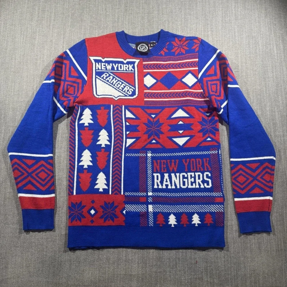 New York Rangers Sweater Mens Small Blue Red NHL Hockey Ugly Christmas Holiday
